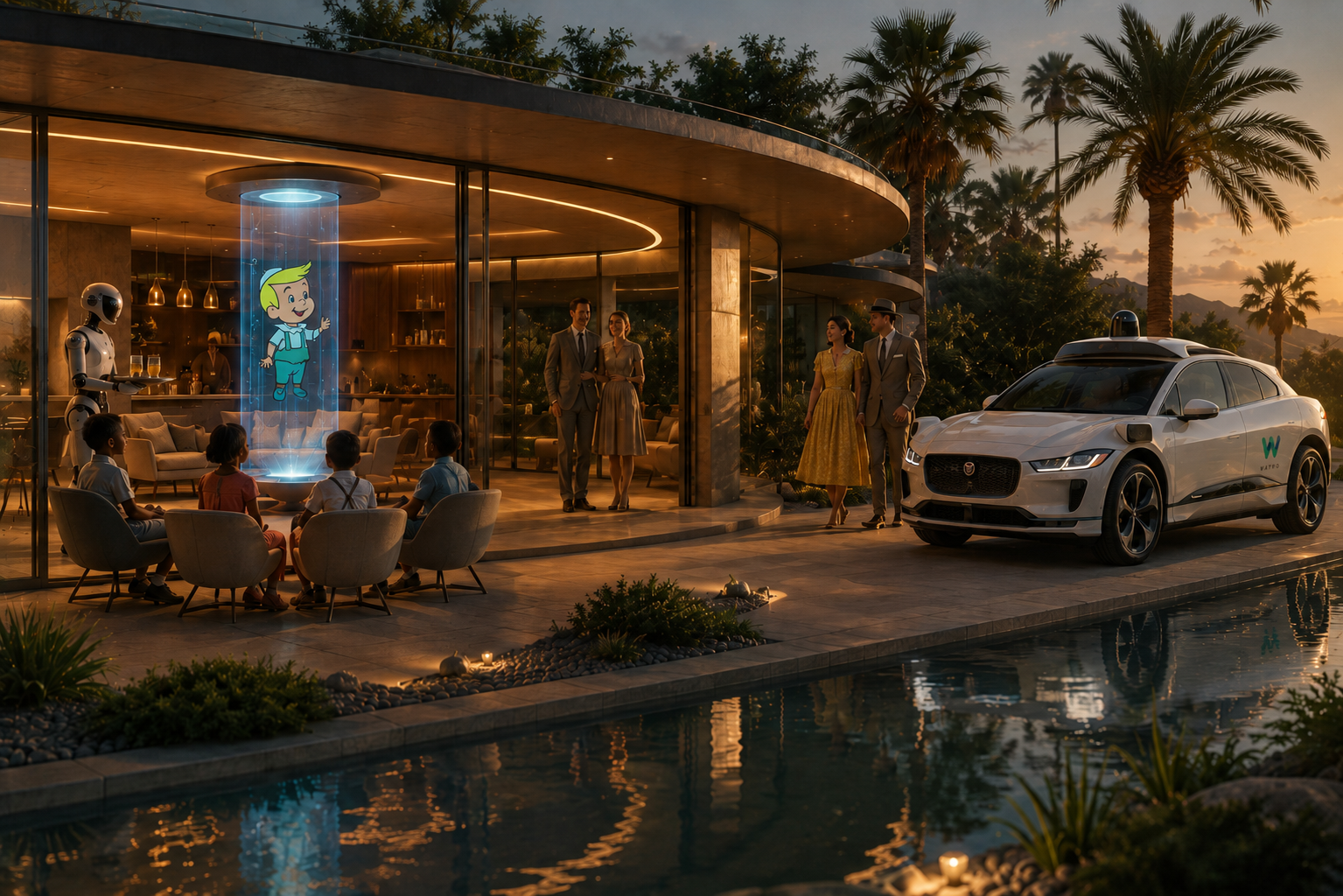 A 1950s vision of the future home: a family gathered on the terrace of a glowing mid-century glass house at dusk, a white service robot at the bar, a holographic cartoon boy in a column of light, and a driverless car by the pool.