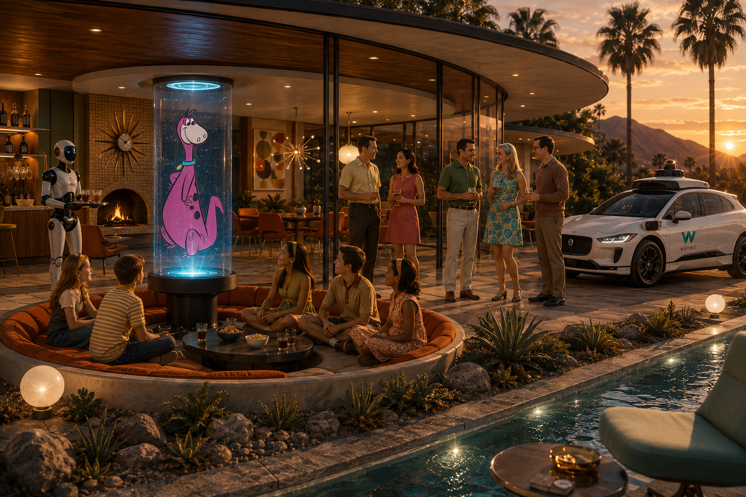 A 1960s vision of the future home: friends around a sunken conversation pit outside a Palm Springs glass house, a humanoid robot nearby, a glowing holographic cartoon dinosaur in a glass column, and an autonomous car at sunset.