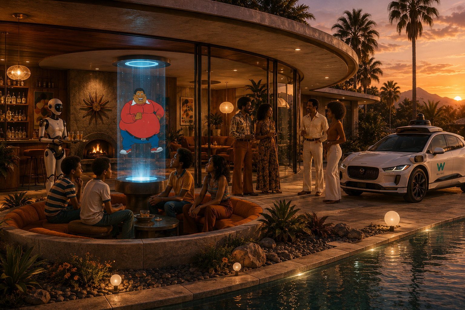A 1970s vision of the future home: a family relaxing on the terrace of a warm-lit modernist house, a domestic robot at the bar, a holographic cartoon figure in a column of light, and a self-driving car beside the pool.