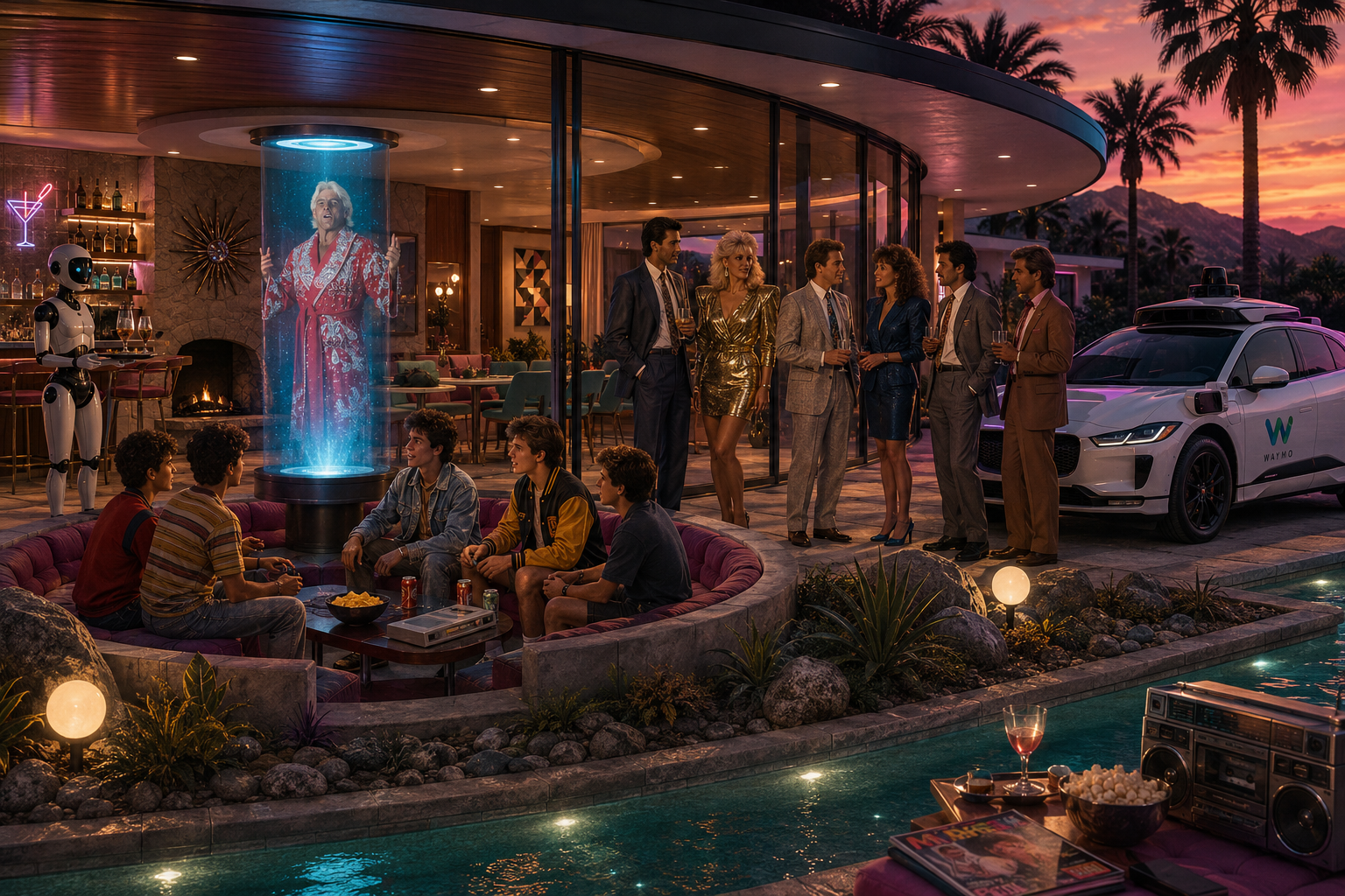 A 1980s vision of the future home: guests in evening glamour outside a neon-lit modernist house at night, a robot attendant, a holographic performer glowing in a glass column, a driverless car and a boombox by the pool.