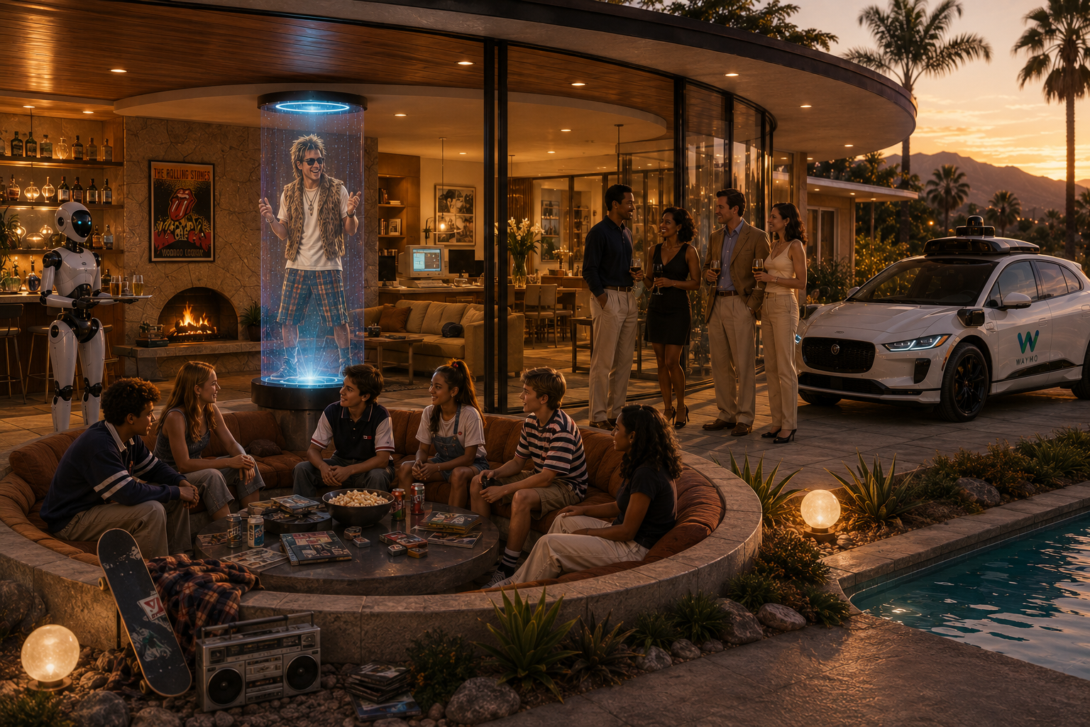 A 1990s vision of the future home: teenagers and adults gathered outside a mid-century glass house at dusk, a humanoid robot, a holographic rock musician in a column of light, a skateboard and boombox nearby, and an autonomous car.