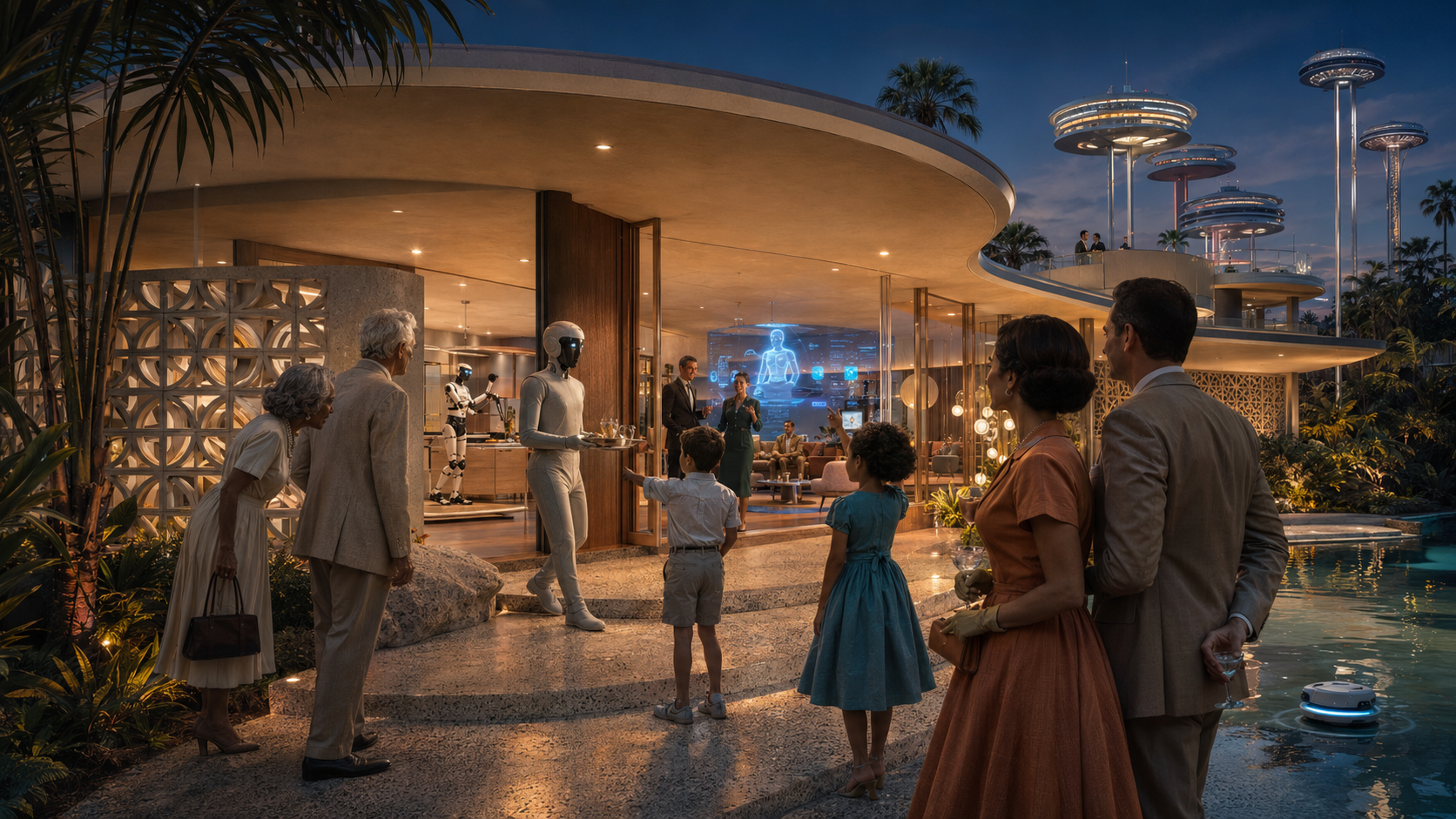Leola Home, 2027: an elegant modern Los Angeles home at dusk where a family is welcomed by sleek humanoid robots, a child reaching toward one, with futuristic pod-towers and a reflecting pool beyond.